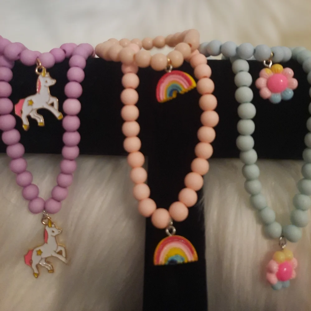 Kids Jewelry 2pcs/set Flower Charm Sky Blue Beaded Necklace & Bracelet